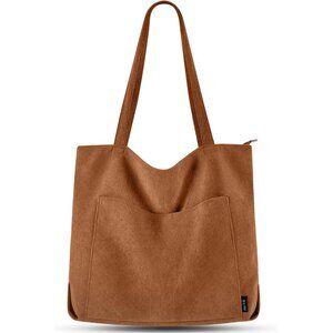 Women Brown Corduroy Large Shoulder Tote Shopping Bag with Zipper and Pockets